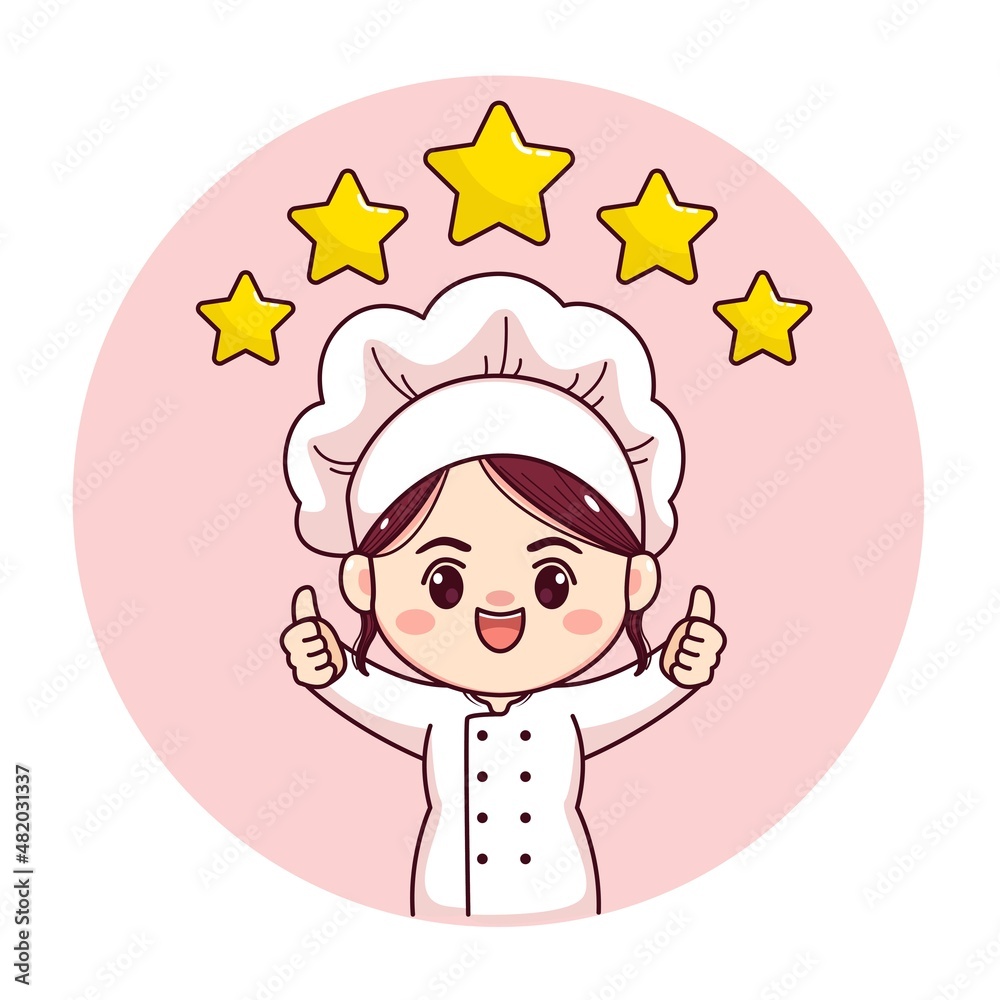 Cute and kawaii female chef or baker with thumbs up five stars cartoon manga chibi vector character design