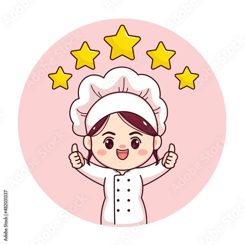 Cute and kawaii female chef or baker with thumbs up five stars cartoon manga chibi vector character design photo