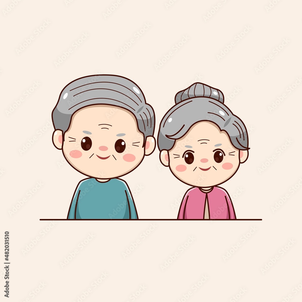 Illustration of cute happy grandparent kawaii chibi character vintage design valentines day couple Illustration of cute happy grandparent kawaii chibi character vintage design valentines day couple