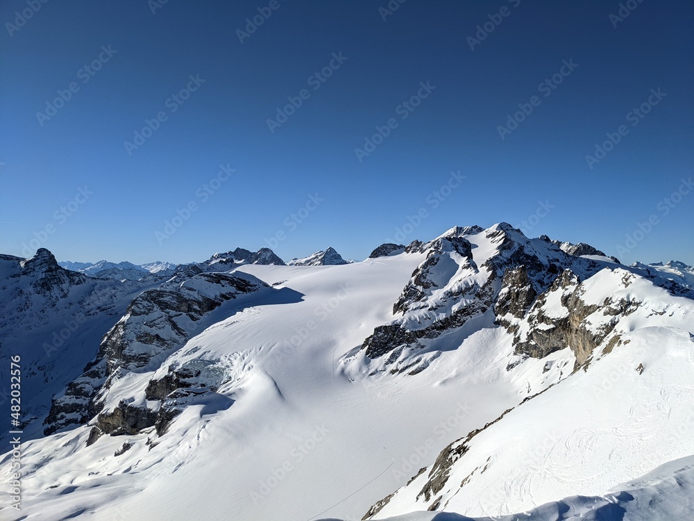 Beautiful winter landscape in the winter time. Skitour Gemsfairenstock and Clariden with Glacier. View of theClaridenfirn and the swiss alps in glarus