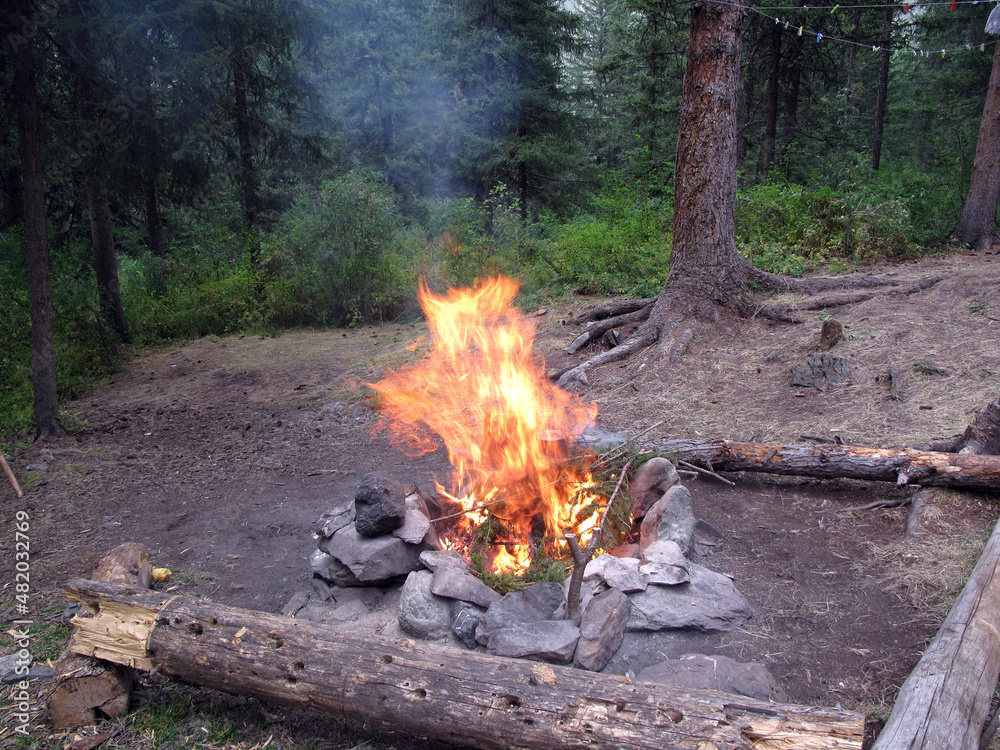 Orange flame of campfire.Siberia. Altay region, Russia Orange flame of campfire.Siberia. Altay region, Russia