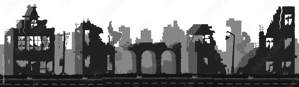 Ruined city silhouette. Black apocalyptic city skyline with destroyed and dilapidated buildings. Vector illustration Ruined city silhouette. Black apocalyptic city skyline with destroyed and dilapidated buildings. Vector illustration