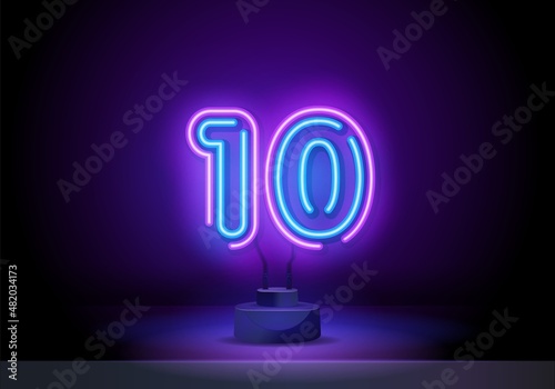 Neon blue number 10 on black background. Serial number, price, place. Number Ten symbol neon sign vector. tenth Number One template neon icon, light banner, neon signboard. Vector illustration