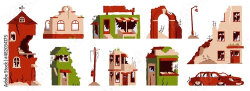 Buildings after earthquake. Cartoon ruined and abandoned city, collapsed and broken houses and property. Vector dilapidated buildings set