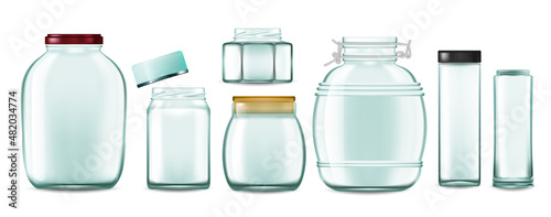 Glass jar. Realistic transparent container for food and drinks with cap. Vector empty jars set