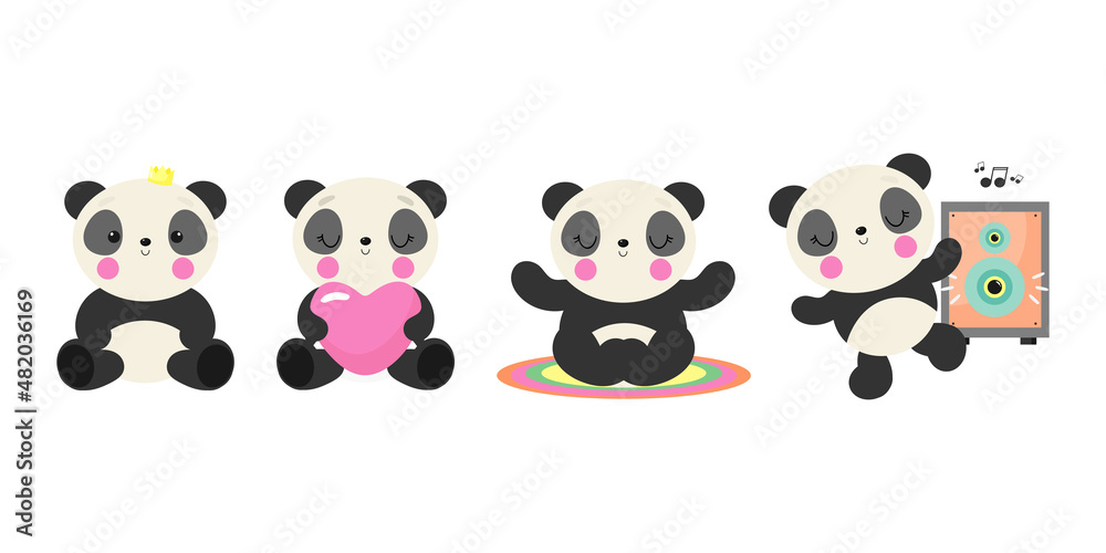 Obraz premium Vector set with funny panda. Illustration in cartoon style. Good for baby shower invitations, birthday cards, stickers, prints etc.