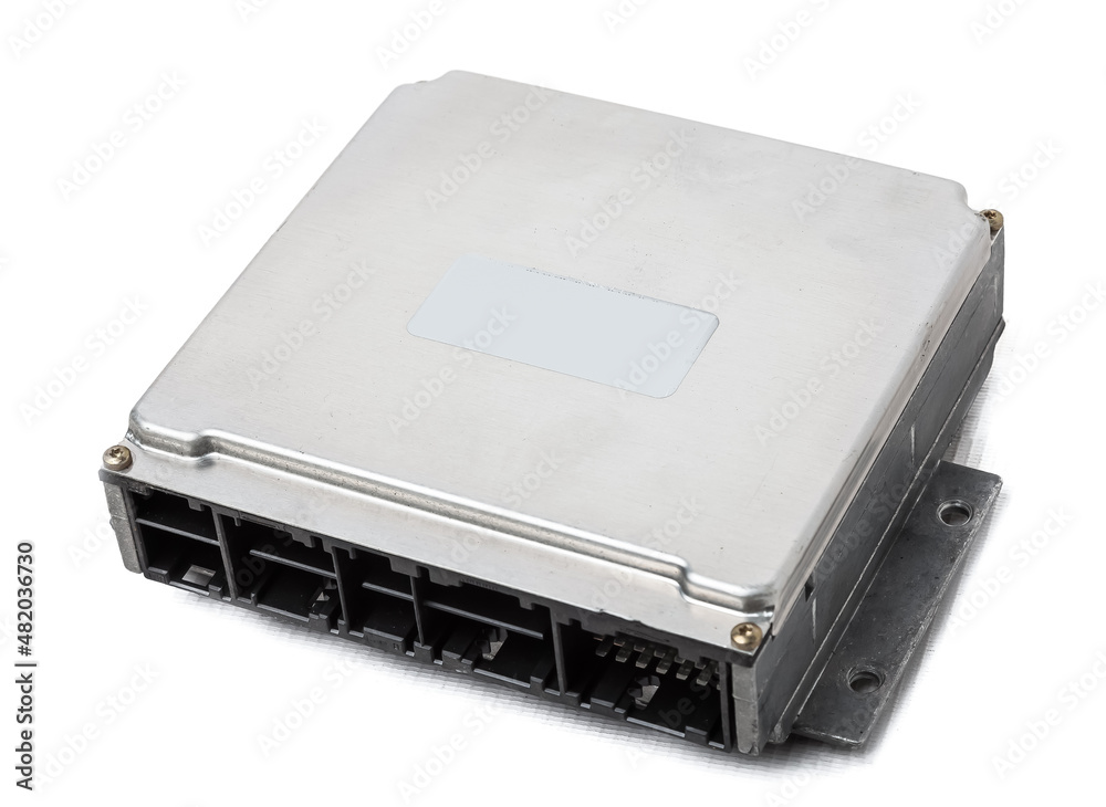 Metallic car engine control unit with plastic elements on a white isolated background is connecting center of various subsystems, units and assemblies. Monitoring the state of the moment. Spare part Metallic car engine control unit with plastic elements on a white isolated background is connecting center of various subsystems, units and assemblies. Monitoring the state of the moment. Spare part