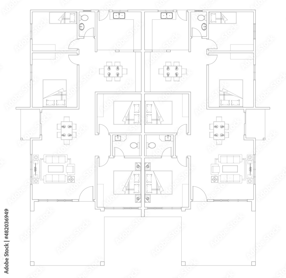 Semi-detached house layout plan in black and white 2D CAD drawing. It has 4 bedrooms 2 dining, 1 kitchen, 1 living room, and 2 bathrooms. The two houses share a central wall together. Semi-detached house layout plan in black and white 2D CAD drawing. It has 4 bedrooms 2 dining, 1 kitchen, 1 living room, and 2 bathrooms. The two houses share a central wall together.