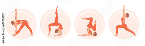 Yoga poses set. Collection of woman performing physical exercises. Character demonstrating various yoga positions isolated on white background. Vector illustration.