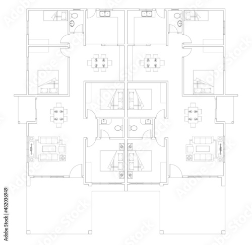 Semi-detached house layout plan in black and white 2D CAD drawing. It has 4 bedrooms 2 dining, 1 kitchen, 1 living room, and 2 bathrooms. The two houses share a central wall together. © Aisyaqilumar