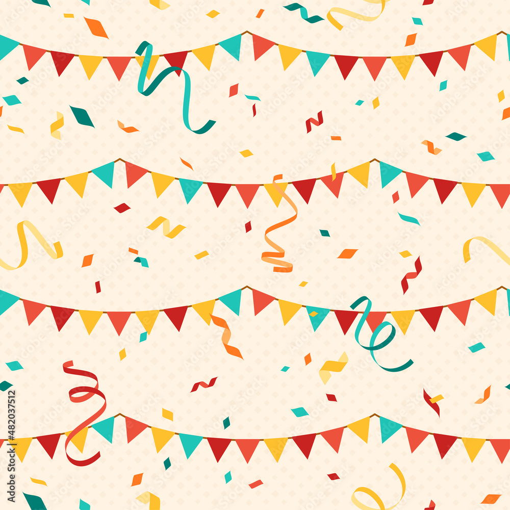 Colorful bunting and falling confetti on beige background, seamless carnival pattern. Vector illustration. Carnaval print ornament, streamers and hanging flag garlands