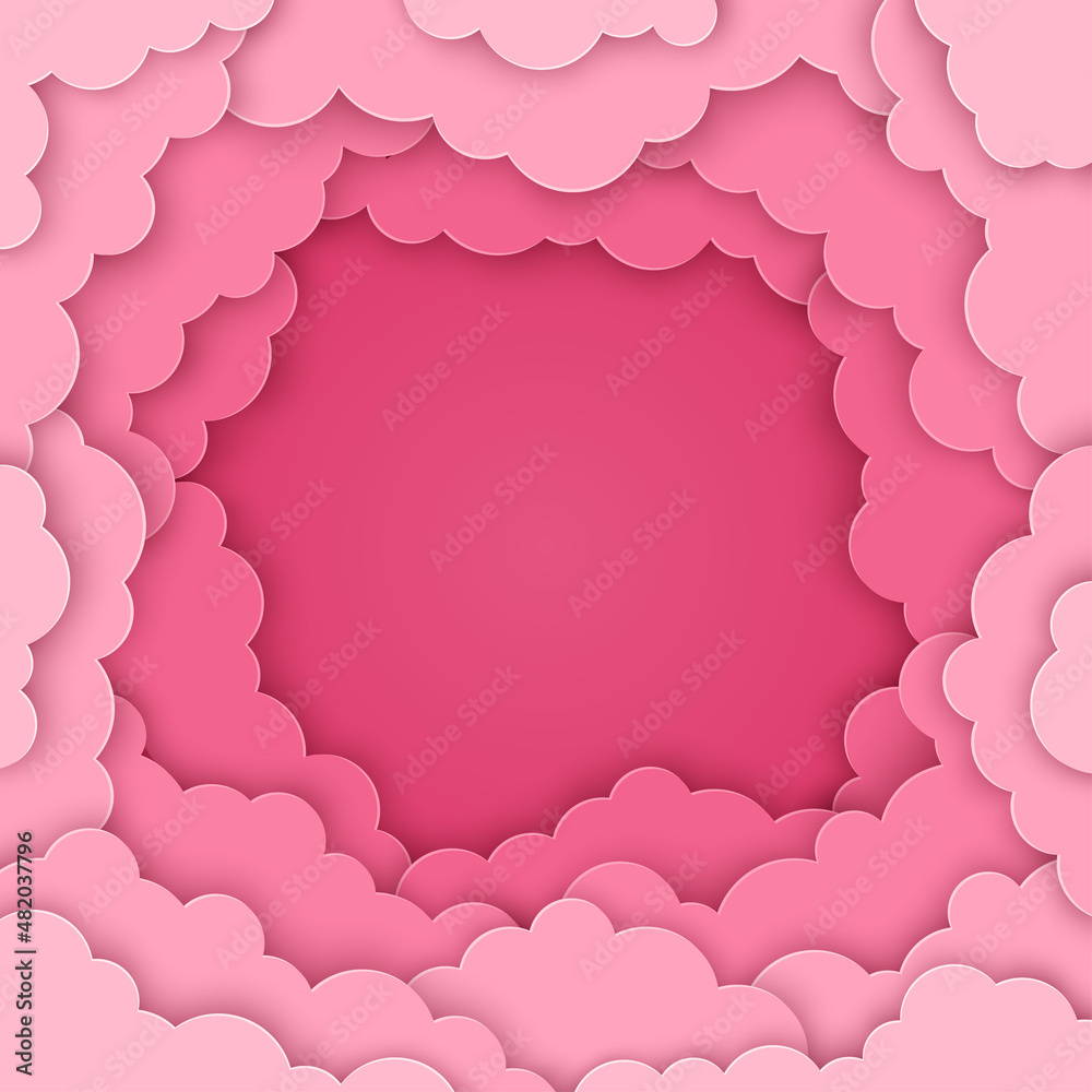 Pink magic clouds paper cut background. Cloudy rose sky, 3d color illustration. Cloudscape vector border frame. Place for text. Happy Valentine's day pastel backdrop, baby girl romantic wallpaper.