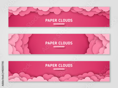 Pink romantic clouds, paper cut horizontal banners set. Cloudy rose sky, vector illustration. Cloudscape border frame. Place for text. Happy Valentine's day header, dream fantasy paperart