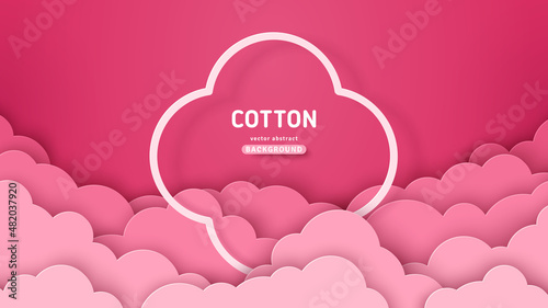 Beautiful cotton pink clouds with white frame on dawn sky background. Vector illustration. Paper cut style. Place for text. Happy Valentine's day pastel backdrop, baby girl fantasy dream