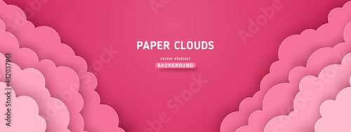 Pink magic clouds, paper cut landscape. Cloudy rose dawn sky, vector illustration. Sunrise cloudscape border frame. Place for text. Happy Valentine's day pastel backdrop, baby girl romantic wallpaper