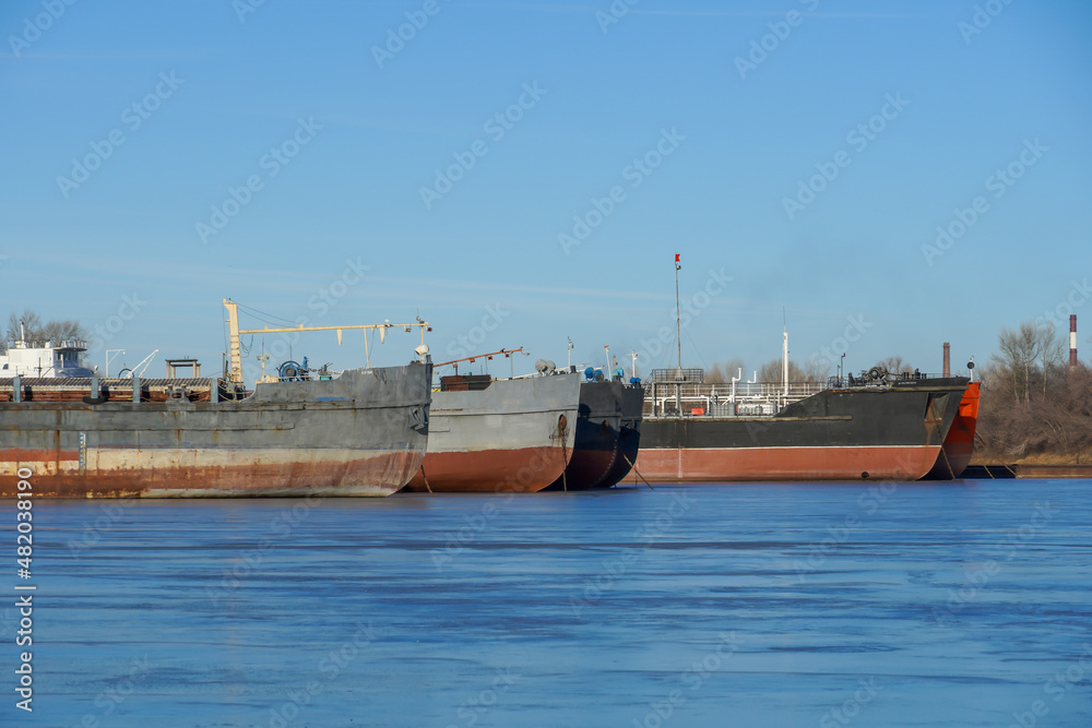 Winter layup of ships at the mouth of the Volga River in Volgograd. Russia