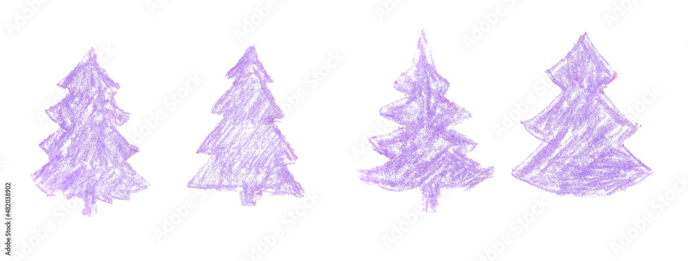 a set of pencil-drawn violet Christmas trees isolated on a white background