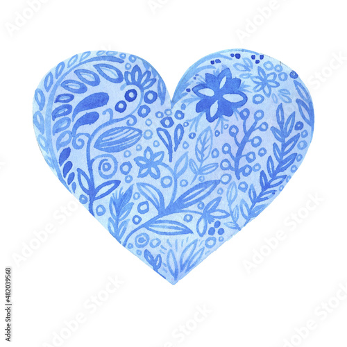 Hand painted watercolor blue floral illustration in shape of a heart isolated on the white background. Saint Valentine's Day decoration.