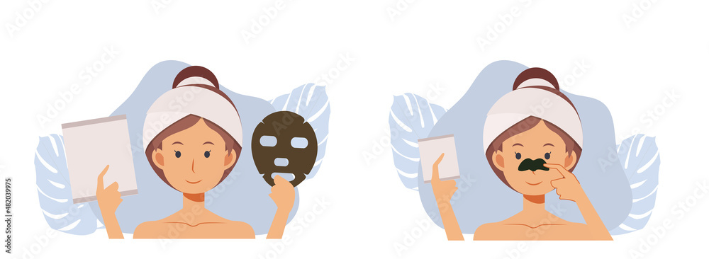 Skin care concept. Woman With Facial, Nose Mask Sheet, Treatment, Beauty, Makeup. Flat vector 2d cartoob character illustration. Skin care concept. Woman With Facial, Nose Mask Sheet, Treatment, Beauty, Makeup. Flat vector 2d cartoob character illustration.