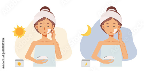 facial skin treatment concept. woman using day ceram and night cream. flat vector cartoon character illustration.