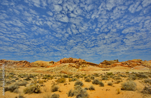 Blue skies and red sandstone landscape in Valley of Fire State Park in Nevada