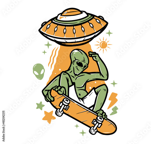 Alien skate and ufo illustration