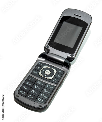 Black and gray cellular flip phone isolated on white with drop shadow.