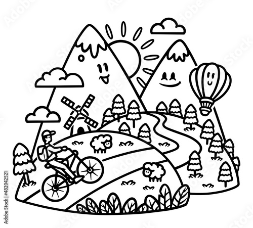exploring cute mountain by cycling line illustration