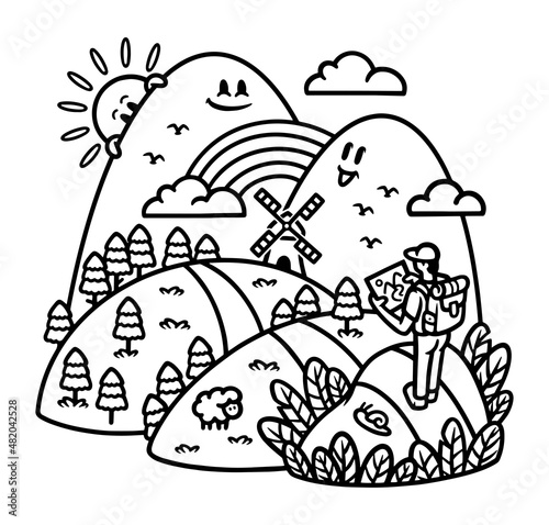 hiker looking at map to explore mountain line illustration