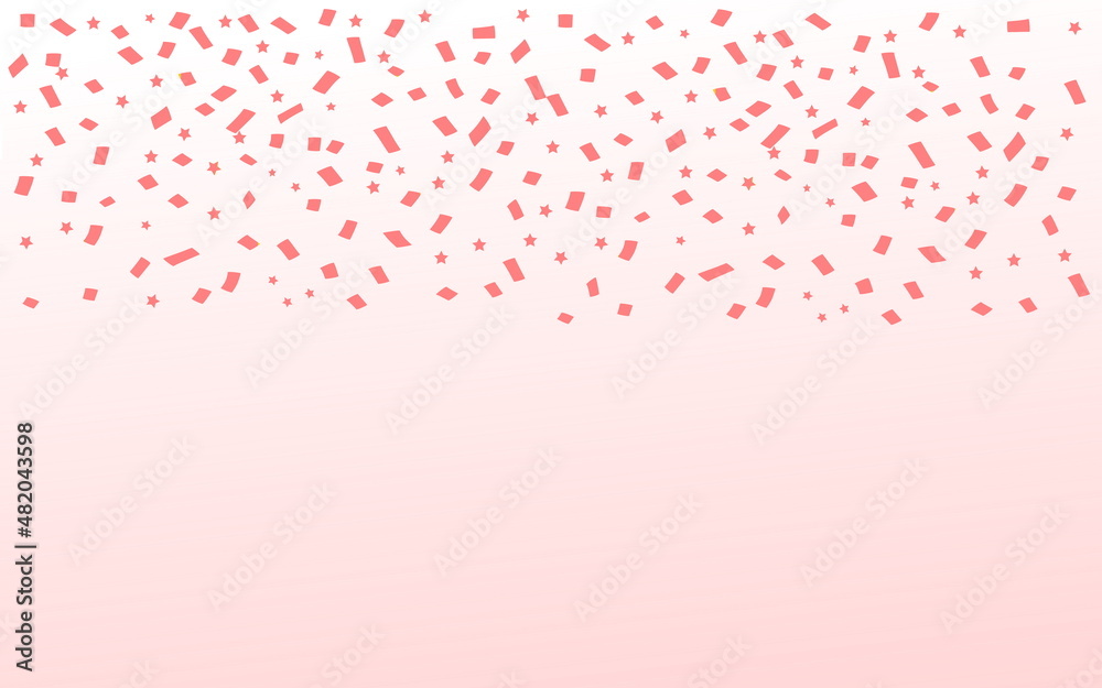 Pink background with confetti pattern, vector drawing horizontal, frame of pink confetti and stars
