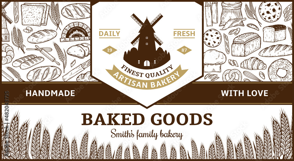 Bakery label or package design template. Bread and bakery illustrations ...