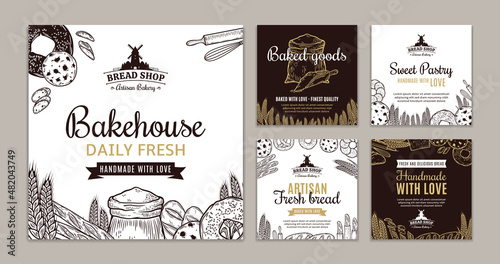 Bakery shop square banner templates, backgrounds with baked goods, hand-drawn food illustrations, and icons