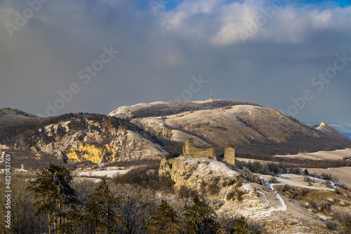 Palava winter landscape with Sirotci hradek ruins, Southern Moravia, Czech Republic photo