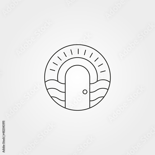 door and ocean sunset logo line art vector minimalist illustration design