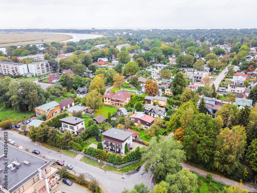 Arial view of small europian town Jūrmala by the sea and river