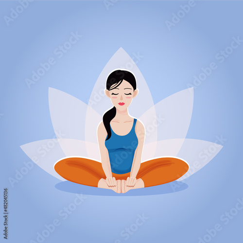 Pretty asian young girl training yoga asana bhadrasana for wellness sitting on floor with lotous background