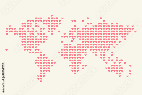 Pink hearts in love world map. Vector illustration for happy valentine s day