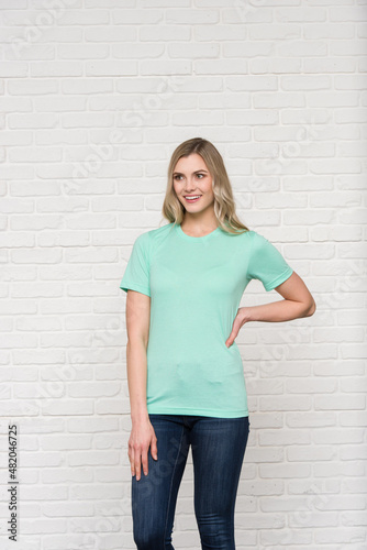 Graphic T-shirt Bella Canvas 3001 CVC Blank Mockup Tee Smiling Woman Model Heather Mint