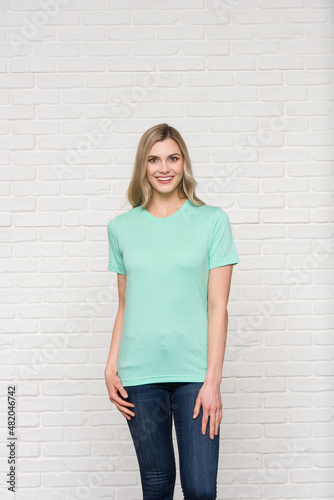 Graphic T-shirt Bella Canvas 3001 CVC Blank Mockup Tee Smiling Woman Model Heather Mint
