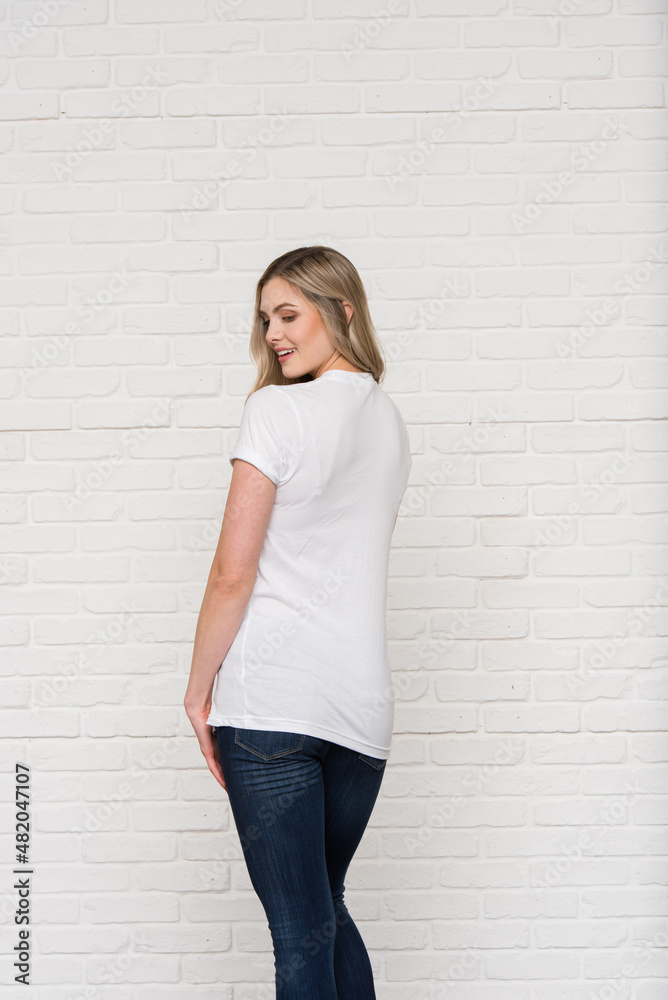 Graphic T-shirt Bella Canvas 3001 CVC Blank Mockup Tee Smiling Woman Model White Graphic T-shirt Bella Canvas 3001 CVC Blank Mockup Tee Smiling Woman Model White