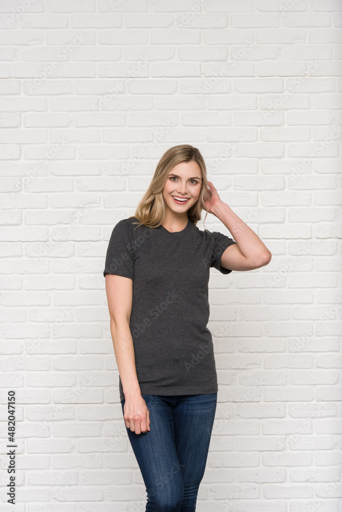 Graphic T-shirt Bella Canvas 3001 CVC Blank Mockup Tee Smiling Woman Model  Dark Grey Heather