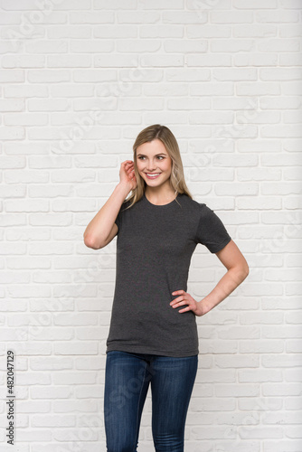 Graphic T-shirt Bella Canvas 3001 CVC Blank Mockup Tee Smiling Woman Model  Dark Grey Heather