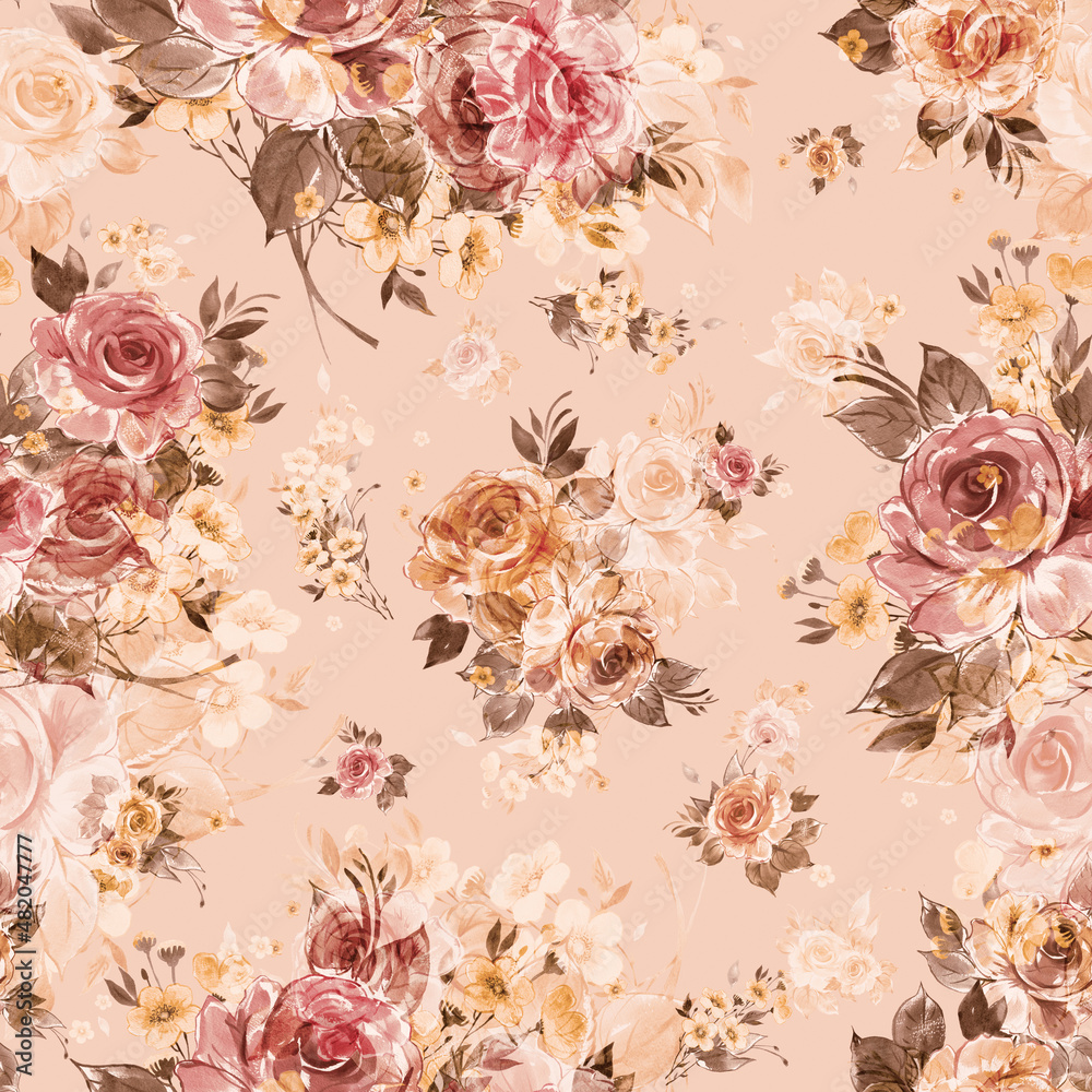  Abstract floral seamless pattern painted by paints vintage roses and wildflowers 
