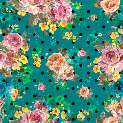  Abstract floral seamless pattern painted by paints vintage roses and wildflowers 