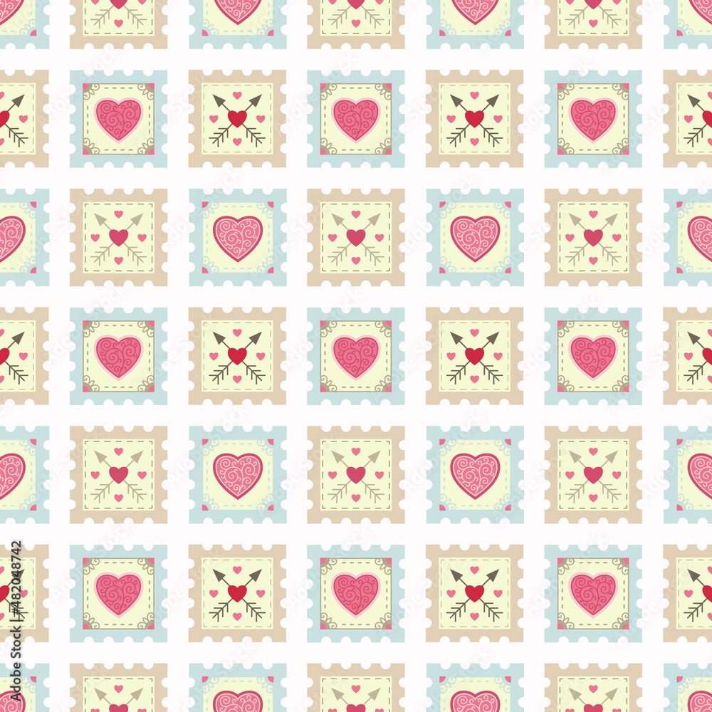 Seamless pattern from stamps with hearts