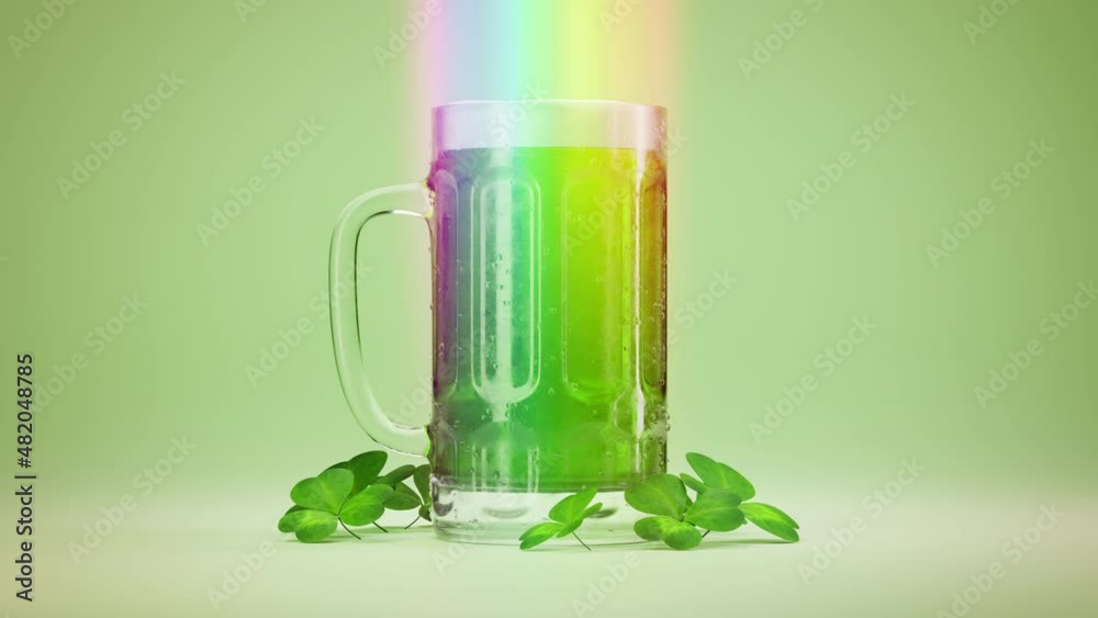 Saint Patrick’s Day beer dynamic rotation, shamrock leaves decoration, bright rainbow background. Pint of beer, glass mug close up clip. Celebrative, festive greeting. Realistic 3D Render 4K animation Saint Patrick’s Day beer dynamic rotation, shamrock leaves decoration, bright rainbow background. Pint of beer, glass mug close up clip. Celebrative, festive greeting. Realistic 3D Render 4K animation