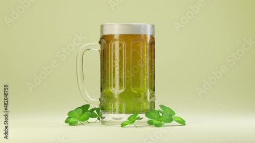 Saint Patrick’s Day beer dynamic rotation, shamrock leaves decoration, light beige background. Pint of beer, glass mug close up clip. Celebrative, festive greeting. Realistic 3D Render 4K animation
