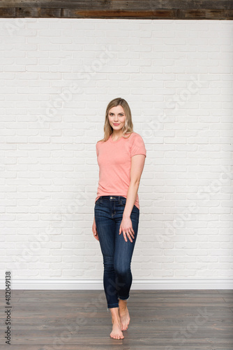 Heather Sunset Graphic T-shirt Bella Canvas 3001 Blank Mockup Tee Female Blonde Smiling Woman Model  © Boxels