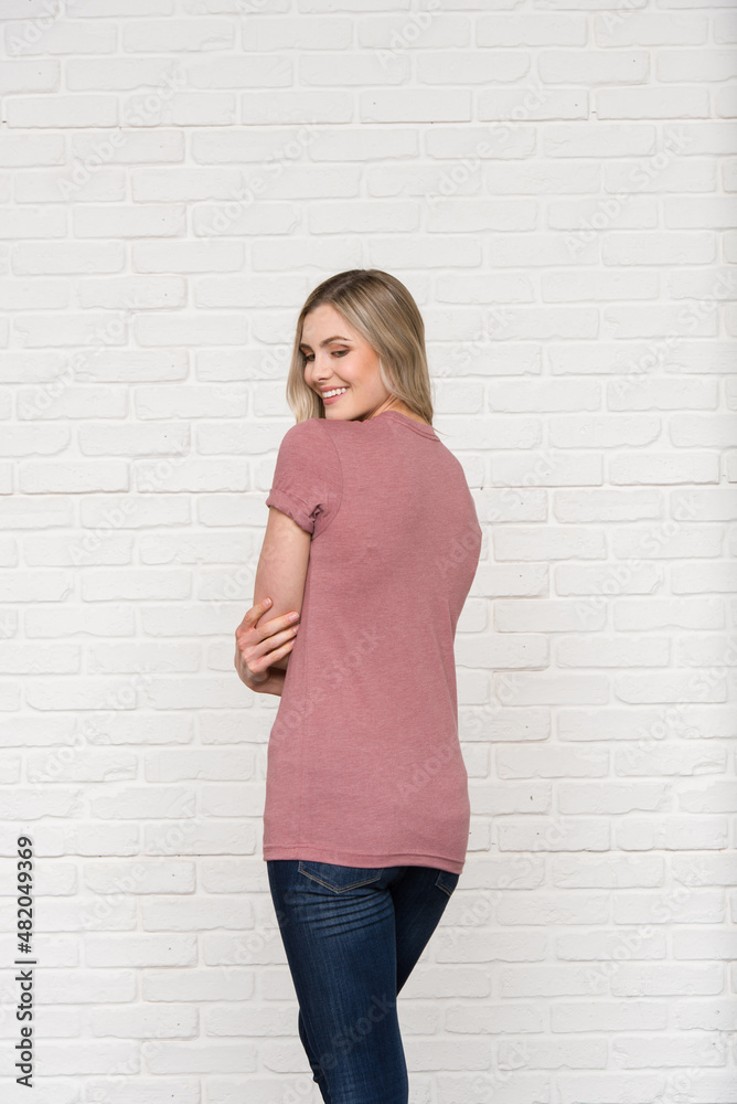Heather Mauve Natural Graphic T-shirt Bella Canvas 3001 Blank Mockup Tee Female Blonde Smiling Woman Model 