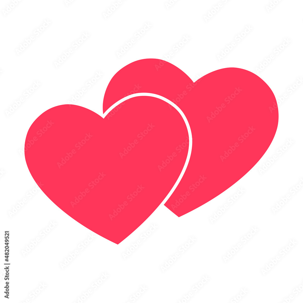 Hearts red icon. Two joined hearts. Flat love symbol. St. Valentine's Day sign. Vector isolated on white background